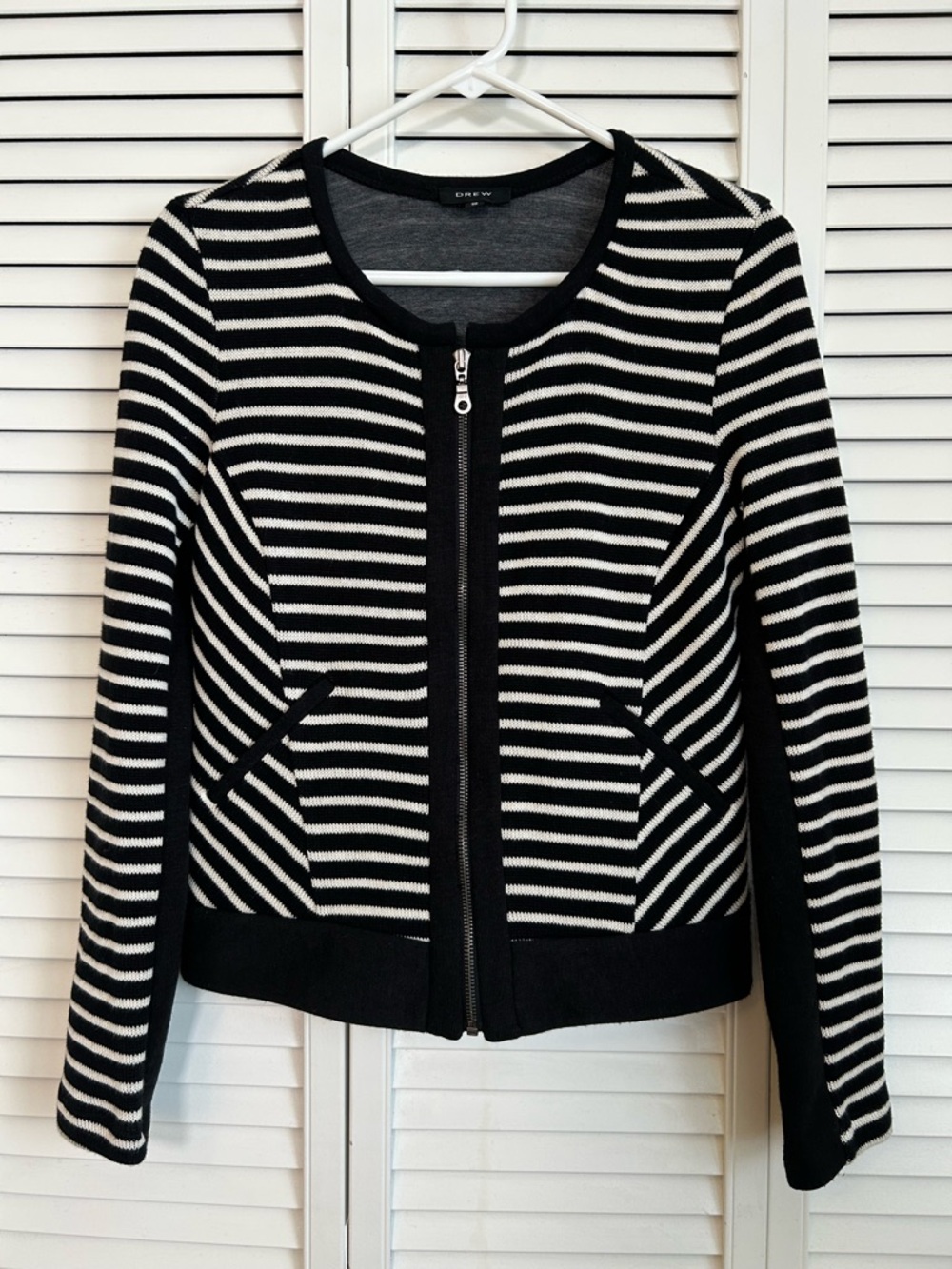 DREW Striped Cardigan Sweater Jacket Zip Front Black Ivory Women's Size Small
